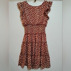TRIXXI Red/Brown and White Prints Ruffle Mini Sleeve Dress Polyester Lining M